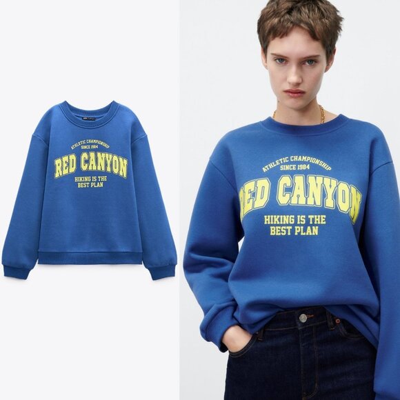 NEW Zara Blue Red Canyon Hiking Is Best Plan Graphic Text Print Sweatshirt Top M - Picture 10 of 10